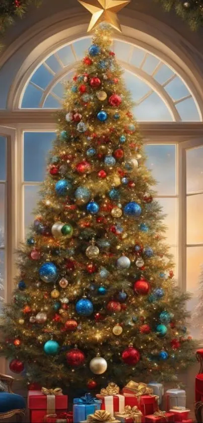 A beautiful Christmas tree with ornaments and gifts by a window.