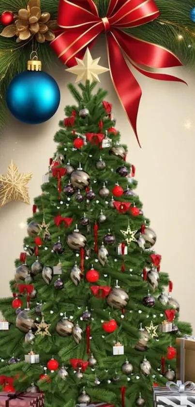 Festive Christmas tree with red ribbon and ornaments.