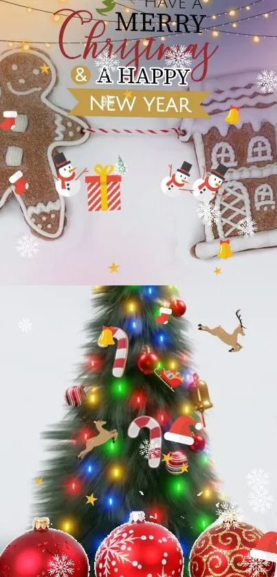 Festive Christmas tree with lights and decorations for holiday wallpaper.