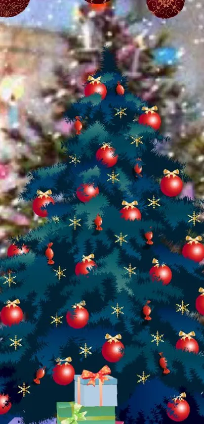 Christmas tree with ornaments and gifts, festive holiday wallpaper.