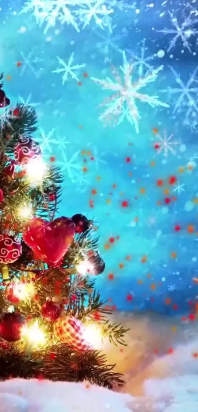 Colorful Christmas tree with lights and snowflakes on a blue background.