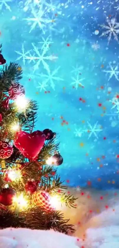 Festive Christmas tree with lights and a snowy blue background