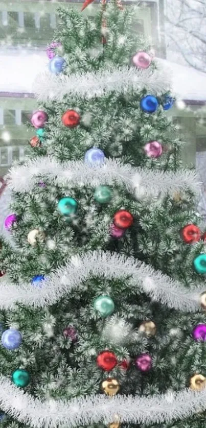 Decorated Christmas tree with colorful ornaments and snowy background.