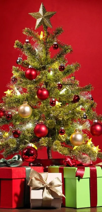 Festive Christmas tree with ornaments and gifts on a red background.