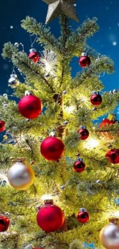 Festive Christmas tree with star and ornaments on a blue background.