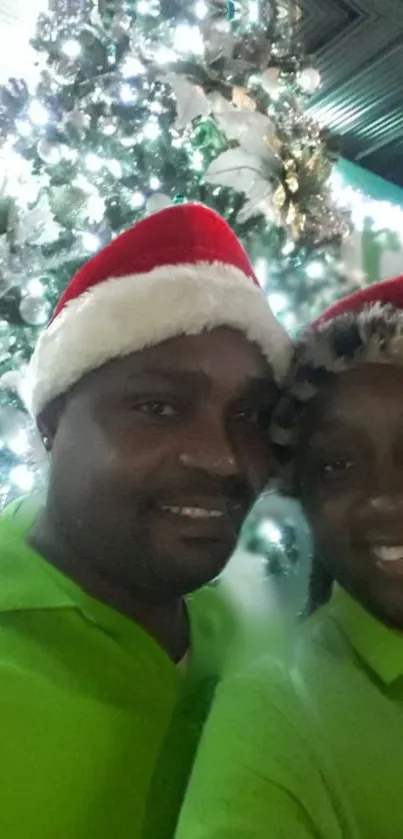 Festive Christmas scene with tree and hats.