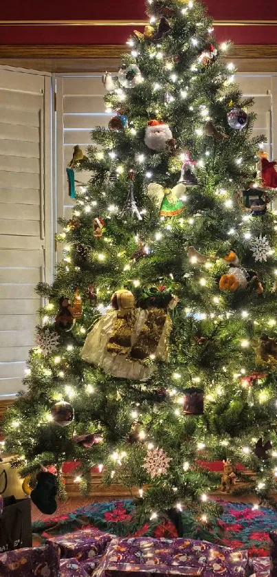 Festive Christmas tree with bright lights and ornaments.