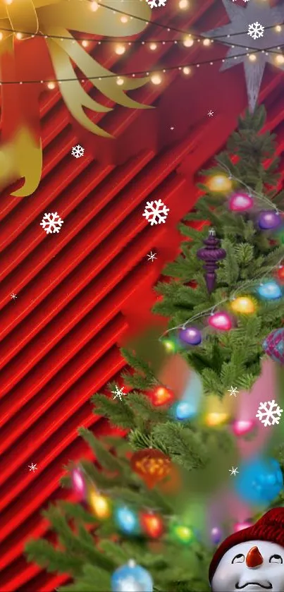 A vibrant Christmas tree wallpaper with lights and snowflakes.