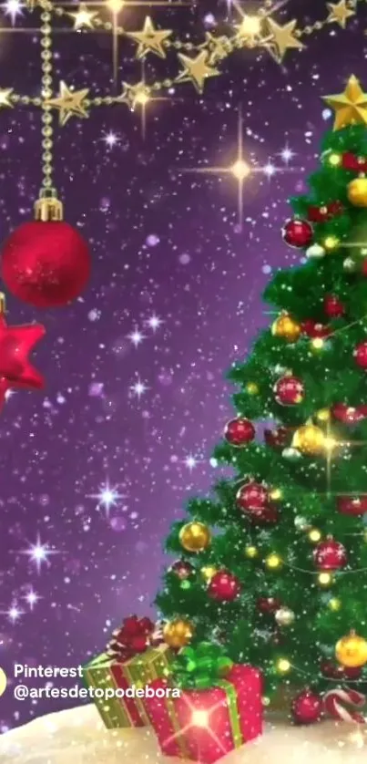 Festive Christmas tree with ornaments and gifts on purple background.