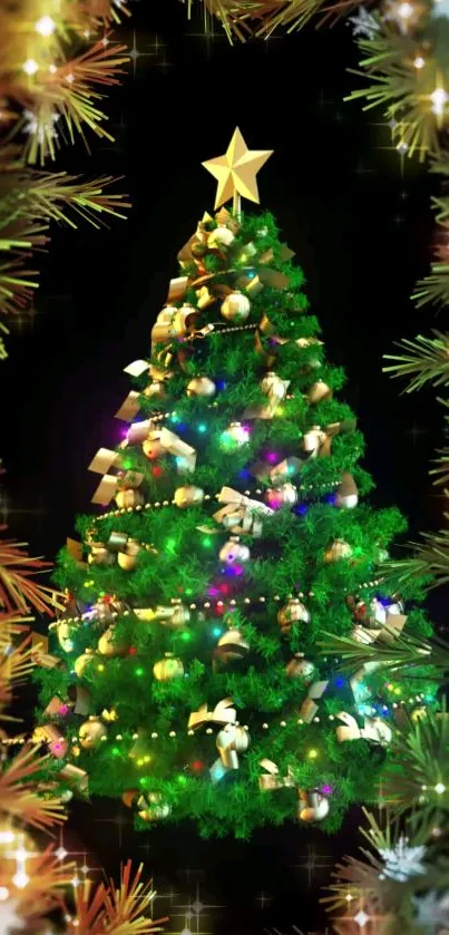 Vibrant Christmas tree with lights and golden decorations for mobile wallpaper.