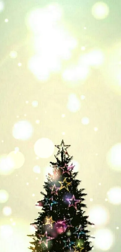 Festive Christmas tree with glowing stars on a blurred background.