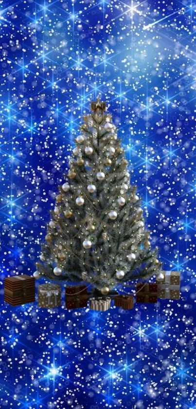 Sparkling Christmas tree with a blue starry background.