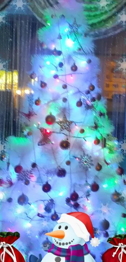 Vibrant Christmas tree with colorful lights and a snowman in front.