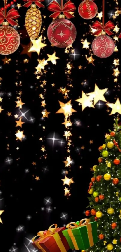Festive Christmas tree and golden stars mobile wallpaper.