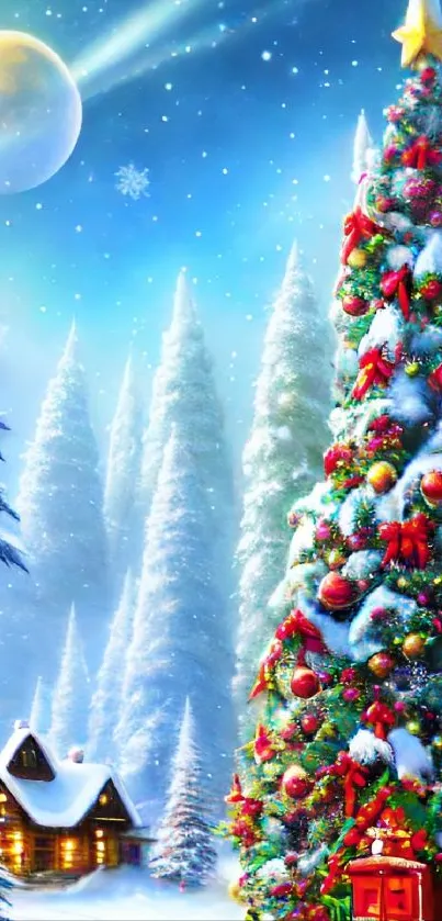 Christmas tree with snow and cabin under starry night sky.