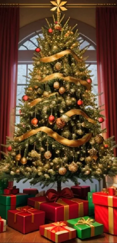 Beautifully decorated Christmas tree with gifts and ornaments in a festive setting.