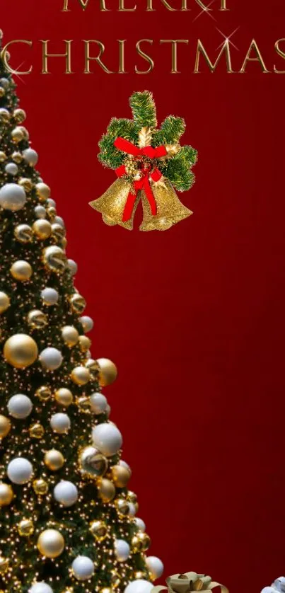 Christmas tree with gold ornaments on crimson background.