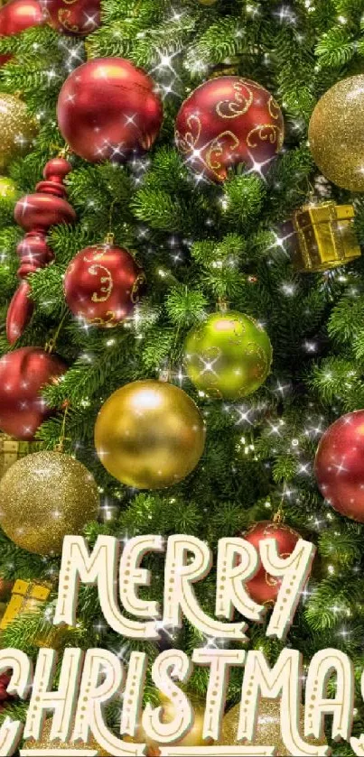 Christmas tree with ornaments and Merry Christmas text.