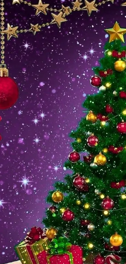 Vibrant Christmas tree with ornaments and starry purple background.