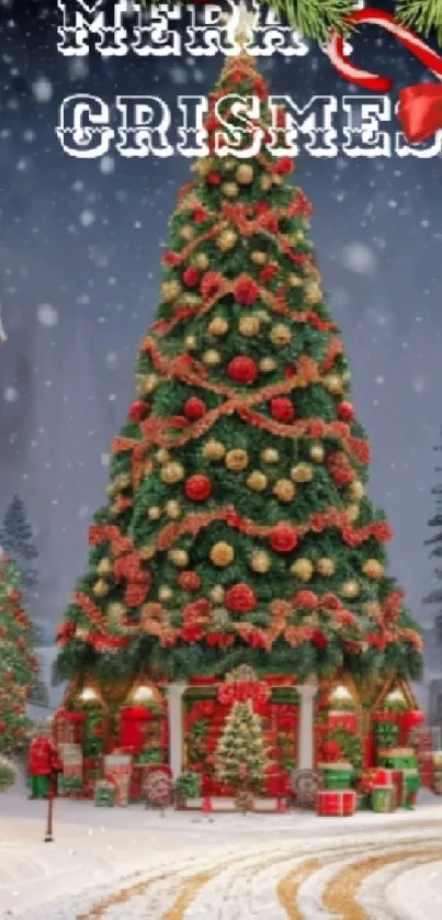 Festive Christmas tree with snow falling in a winter wonderland scene.