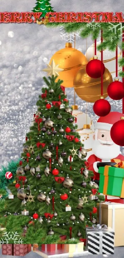 Christmas tree decorated with ornaments and a jolly Santa.