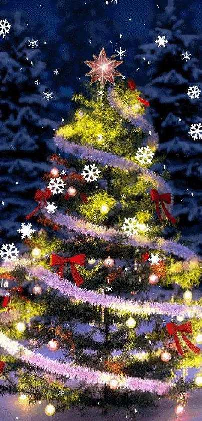 Enchanting Christmas tree with lights and snow in dark blue background.