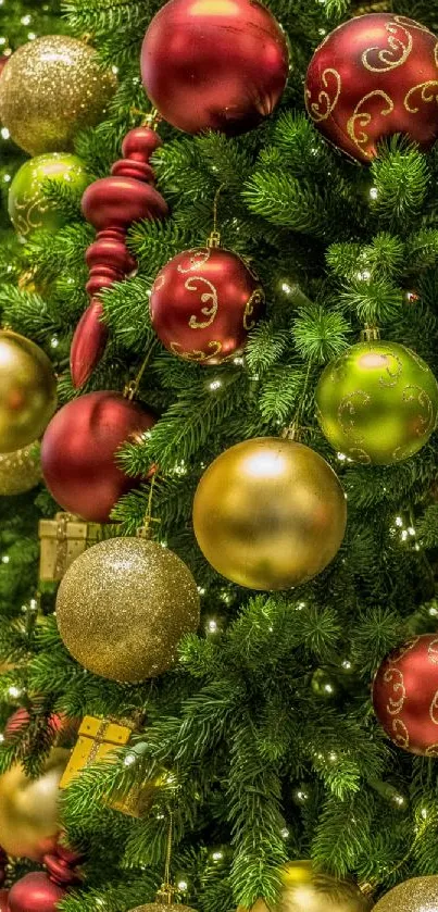 A festive Christmas tree with colorful ornaments and sparkling lights.