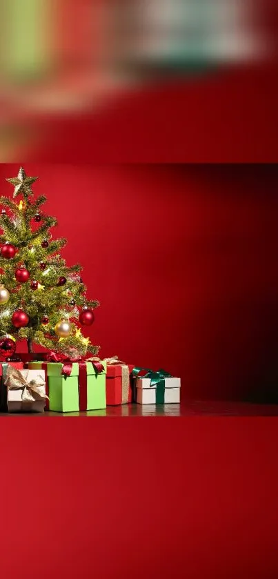 Christmas tree with gifts on red background.