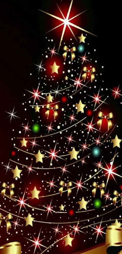 Festive Christmas tree with gold ribbon and sparkling stars on a dark background.