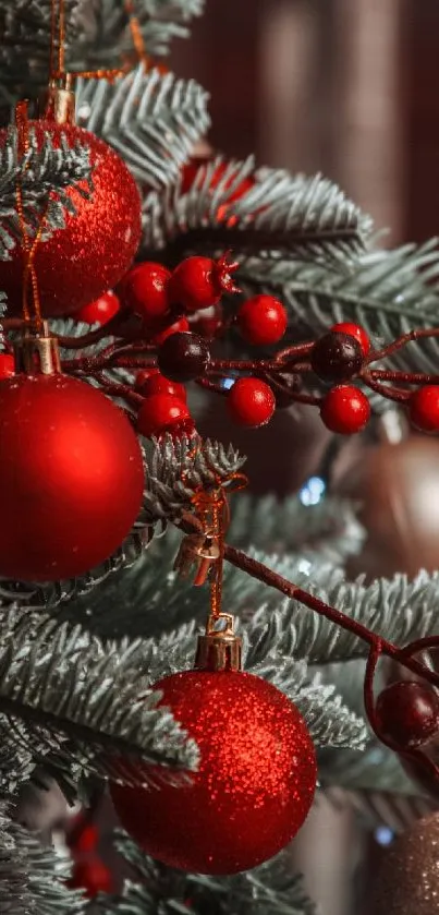 Christmas tree with red ornaments and branches.