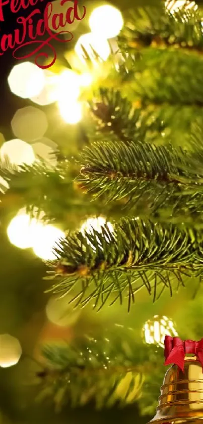 Festive Christmas tree with gold bell and lights.