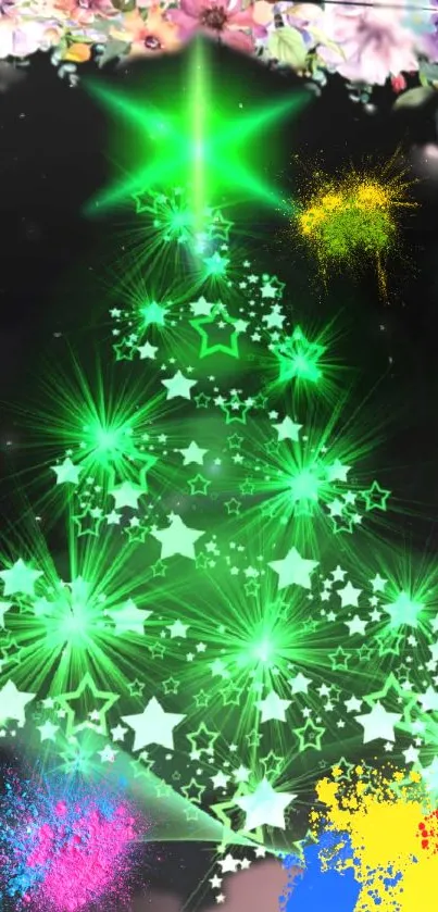 Vibrant Christmas tree with luminous stars and colorful decorations.