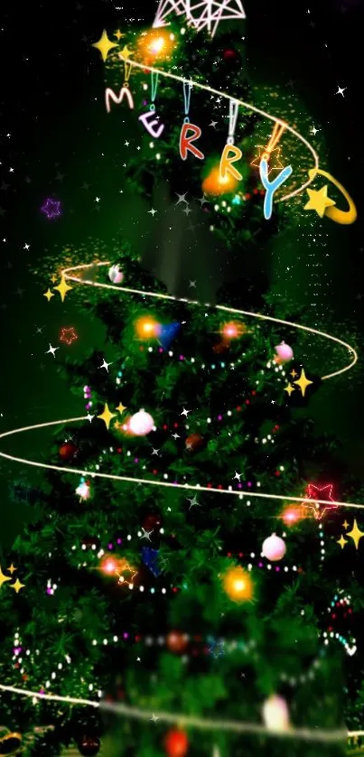 Festive Christmas tree with lights and gifts on a mobile wallpaper.