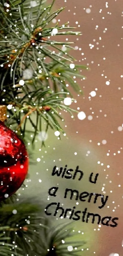 Christmas tree with red ornament and greeting text wallpaper.