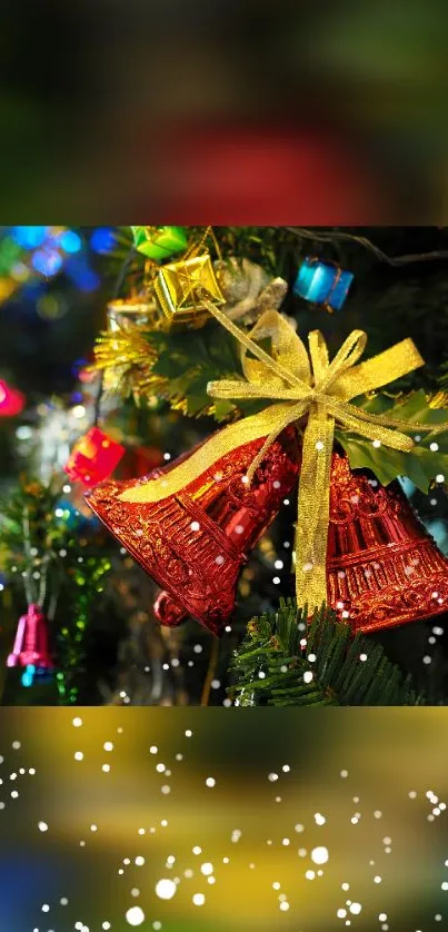 Colorful Christmas tree with decorations and lights on a festive wallpaper.