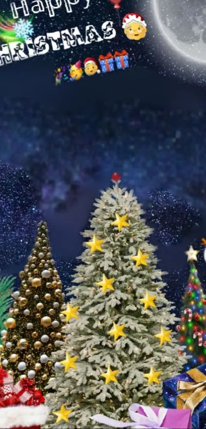 Festive Christmas trees with gifts under a moonlit night sky.