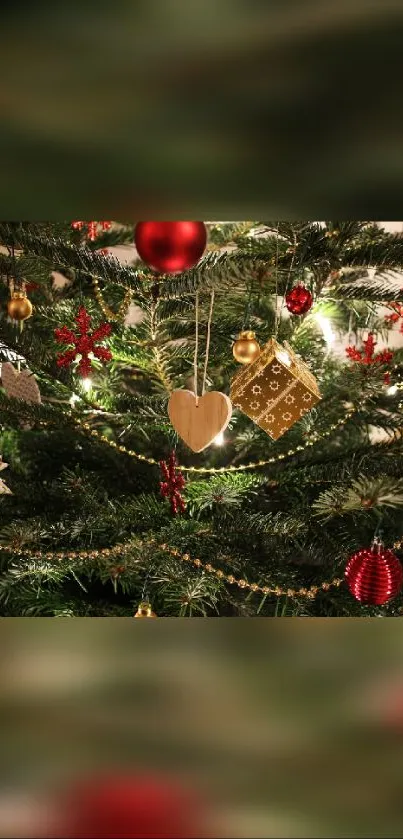 Christmas tree with ornaments and lights in festive decor.