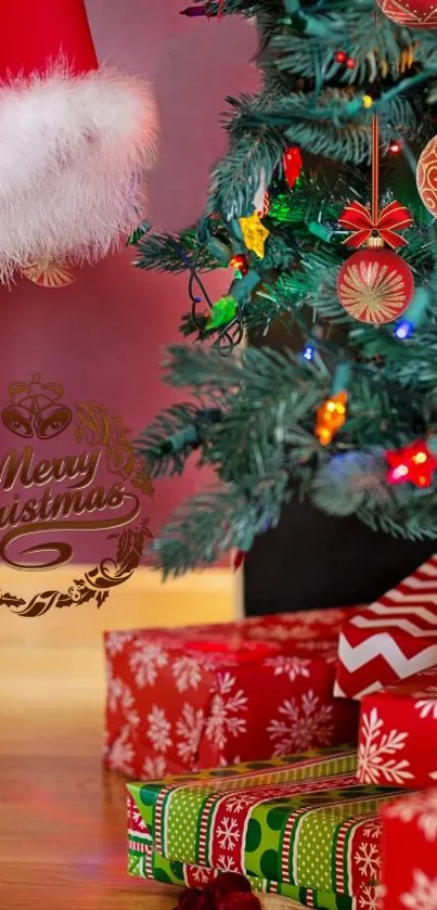 Christmas tree with gifts and Merry Christmas text design.