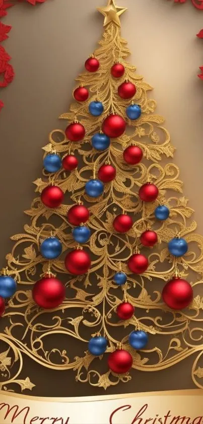 Elegant gold Christmas tree with red and blue ornaments.