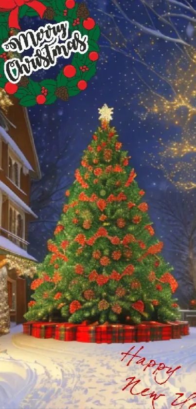 Christmas tree with festive decorations in holiday snow scene.