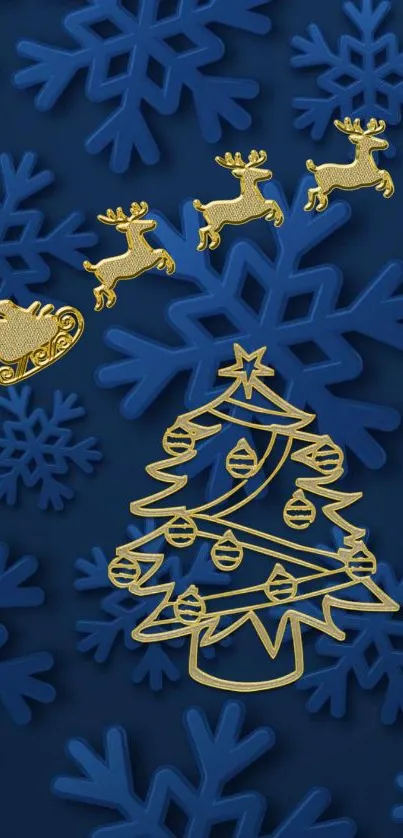 Festive Christmas tree wallpaper with gold reindeer and blue snowflakes.