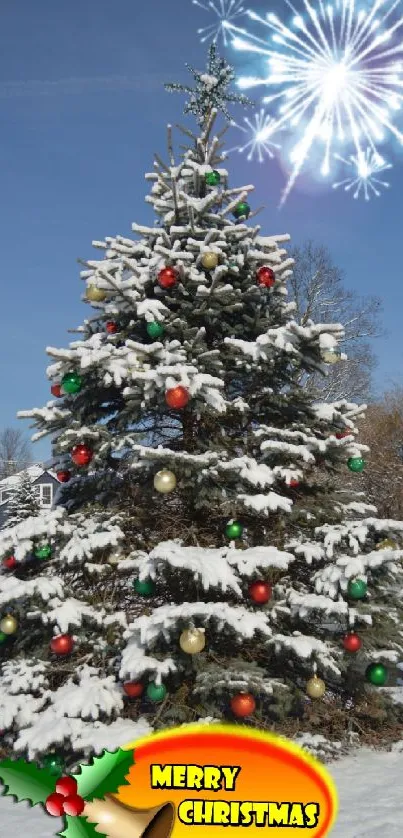 Christmas tree with fireworks and greeting.