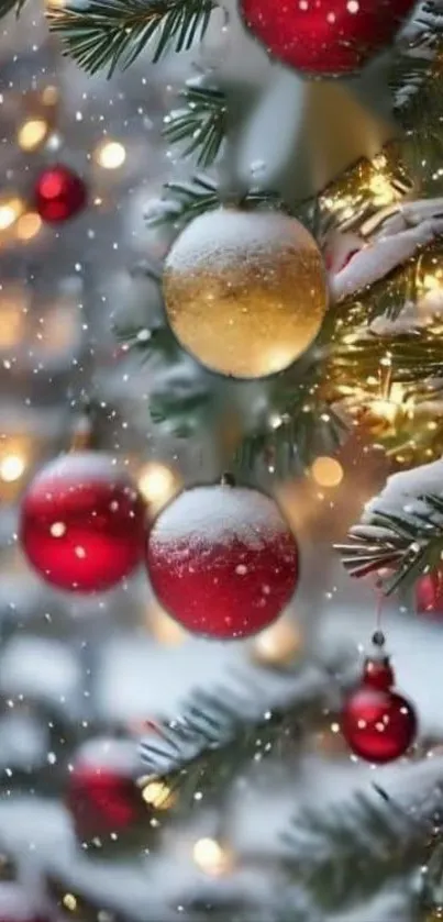 Close-up of Christmas tree with red and gold baubles in snow.