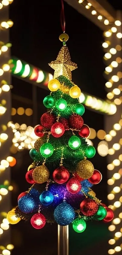 Vibrant Christmas tree with colorful ornaments and lights against a dark background.