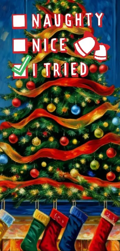 Colorful Christmas tree with ornaments and playful checkboxes
