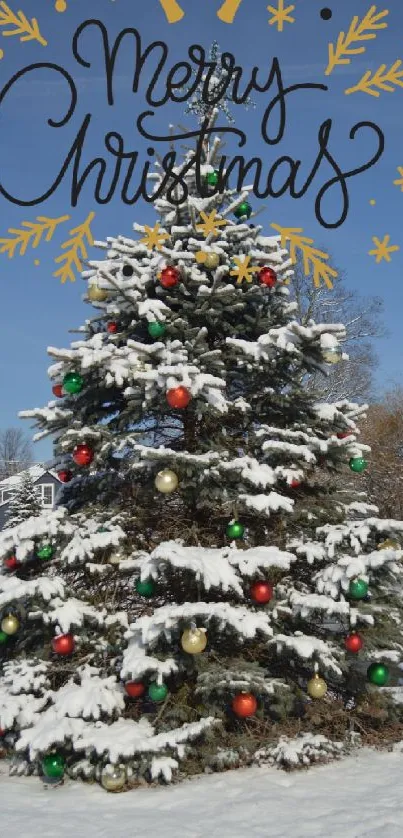 Vibrant Christmas tree with snowy branches.
