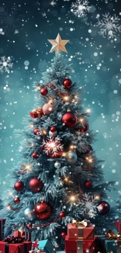 Festive Christmas tree with gifts and snowflakes wallpaper.