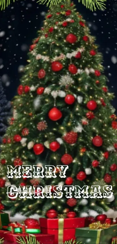 Beautiful Christmas tree with gifts and snowflakes under a starry night sky.