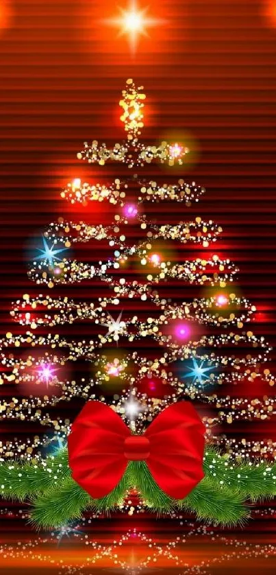 Decorated Christmas tree with glowing lights and a red bow.
