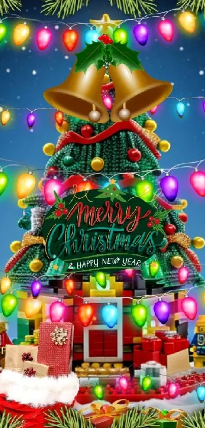 Colorful Christmas tree with festive lights and decorations.